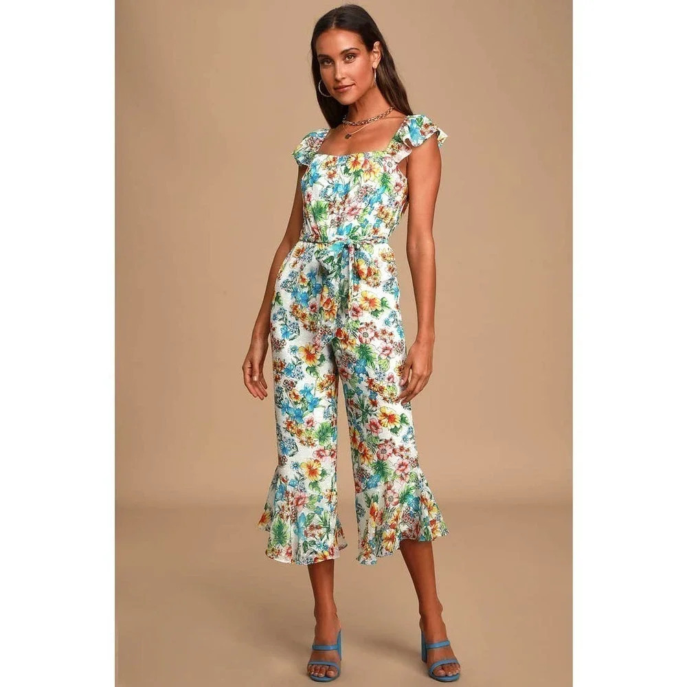 Ali & Jay The Avalon White Floral Print Ruffled Culotte Jumpsuit